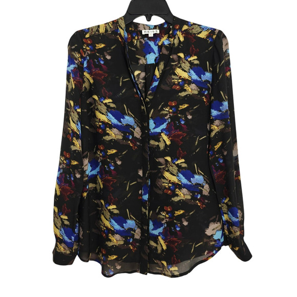 Reiss Floral Silk Button Front Shirt Sz 4 Black Abstract Watercolor Long Sleeves - Picture 1 of 6
